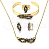 Oro Laminado Necklace, Bracelet, Earring and Ring, Gold Filled Style Infinite Design, with Multicolor Cubic Zirconia, Polished, Golden Finish, 06.165.0008