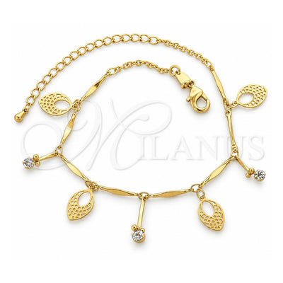 Oro Laminado Charm Anklet , Gold Filled Style Leaf Design, with White Cubic Zirconia, Diamond Cutting Finish, Golden Finish, 03.63.1275.10 (01 MM Thickness, 10 Inches Length)