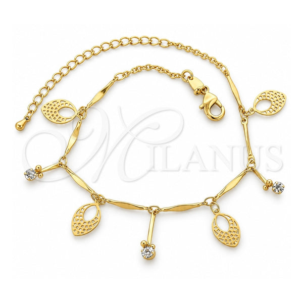Oro Laminado Charm Anklet , Gold Filled Style Leaf Design, with White Cubic Zirconia, Diamond Cutting Finish, Golden Finish, 03.63.1275.10 (01 MM Thickness, 10 Inches Length)