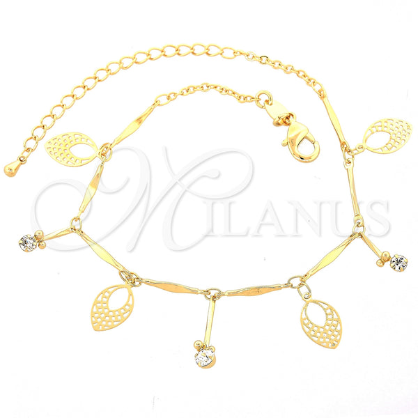 Oro Laminado Charm Anklet , Gold Filled Style Leaf Design, with White Cubic Zirconia, Diamond Cutting Finish, Golden Finish, 03.63.1275.10 (01 MM Thickness, 10 Inches Length)