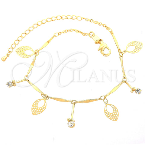 Oro Laminado Charm Anklet , Gold Filled Style Leaf Design, with White Cubic Zirconia, Diamond Cutting Finish, Golden Finish, 03.63.1275.10 (01 MM Thickness, 10 Inches Length)