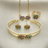 Oro Laminado Necklace, Bracelet, Earring and Ring, Gold Filled Style Flower Design, with Multicolor Cubic Zirconia, Polished, Golden Finish, 06.165.0009