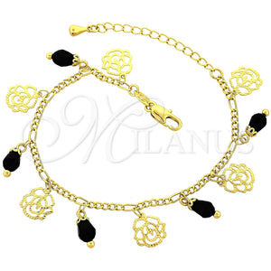 Gold Filled Bracelet — Charm Bracelet Flower Design with Black Crystal Diamond — main product view — SKU 100836 | Oro Laminado brazalete — Charm Bracelet flor diseño with negro cristal Diamond — SKU 100836