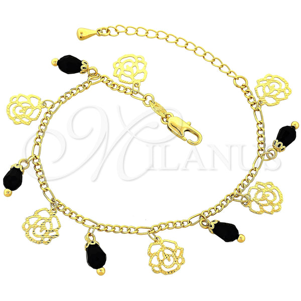 Gold Filled Bracelet — Charm Bracelet Flower Design with Black Crystal Diamond — main product view — SKU 100836 | Oro Laminado brazalete — Charm Bracelet flor diseño with negro cristal Diamond — SKU 100836