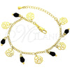 Oro Laminado Charm Bracelet, Gold Filled Style Flower Design, with Black Crystal, Diamond Cutting Finish, Golden Finish, 03.63.0179.08 (02 MM Thickness, 8 Inches Length)
