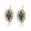 Oro Laminado Leverback Earring, Gold Filled Style Leaf Design, with Amethyst and White Crystal, Polished, Golden Finish, 02.122.0082.6