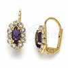 Oro Laminado Leverback Earring, Gold Filled Style Leaf Design, with Amethyst and White Crystal, Polished, Golden Finish, 02.122.0082.6