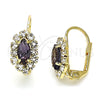 Oro Laminado Leverback Earring, Gold Filled Style Leaf Design, with Amethyst and White Crystal, Polished, Golden Finish, 02.122.0082.6
