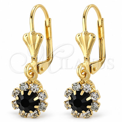 Oro Laminado Dangle Earring, Gold Filled Style Flower Design, with Black and White Cubic Zirconia, Polished, Golden Finish, 5.125.017.1