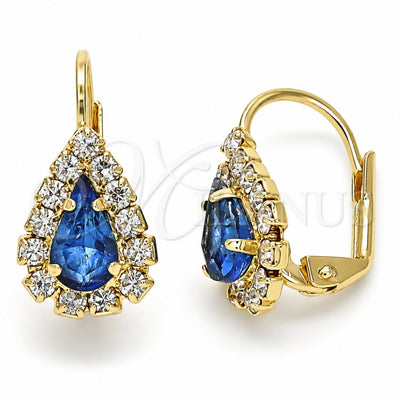 Oro Laminado Leverback Earring, Gold Filled Style Teardrop Design, with White and Light Sapphire Crystal, Polished, Golden Finish, 5.125.012.3