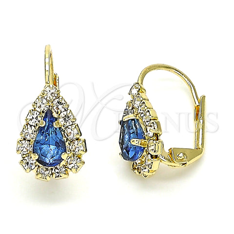 Oro Laminado Leverback Earring, Gold Filled Style Teardrop Design, with White and Light Sapphire Crystal, Polished, Golden Finish, 5.125.012.3