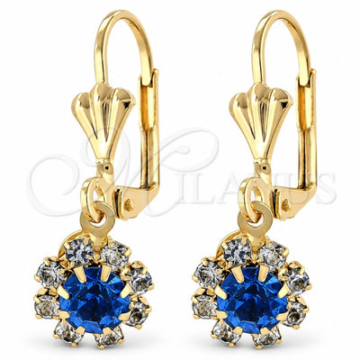 Oro Laminado Dangle Earring, Gold Filled Style Flower Design, with Sapphire Blue and White Cubic Zirconia, Polished, Golden Finish, 5.125.017.3