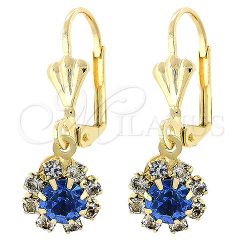 Oro Laminado Dangle Earring, Gold Filled Style Flower Design, with Sapphire Blue and White Cubic Zirconia, Polished, Golden Finish, 5.125.017.3