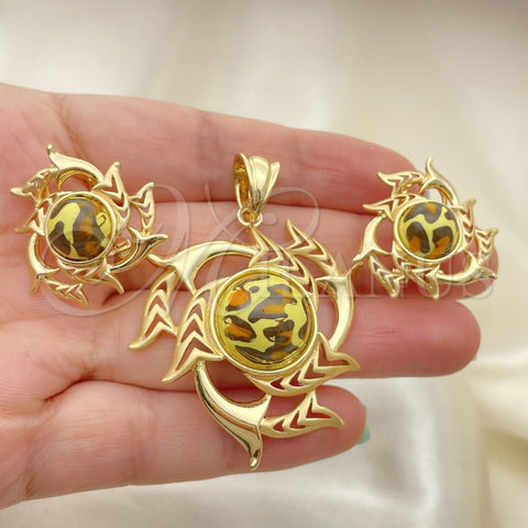 Oro Laminado Earring and Pendant Adult Set, Gold Filled Style with Multicolor Opal, Matte Finish, Golden Finish, 10.91.0321