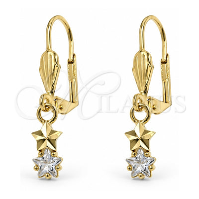 Oro Laminado Dangle Earring, Gold Filled Style Star Design, with White Cubic Zirconia, Polished, Golden Finish, 02.63.2447