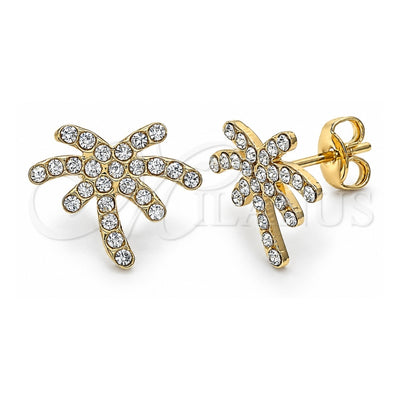 Oro Laminado Stud Earring, Gold Filled Style Palm Tree Design, with White Crystal, Polished, Golden Finish, 02.59.0095