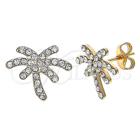 Oro Laminado Stud Earring, Gold Filled Style Palm Tree Design, with White Crystal, Polished, Golden Finish, 02.59.0095