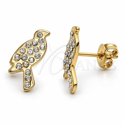 Oro Laminado Stud Earring, Gold Filled Style Bird Design, with White Crystal, Polished, Golden Finish, 02.59.0096