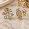 Oro Laminado Stud Earring, Gold Filled Style Flower Design, with White Crystal, Polished, Golden Finish, 02.59.0094