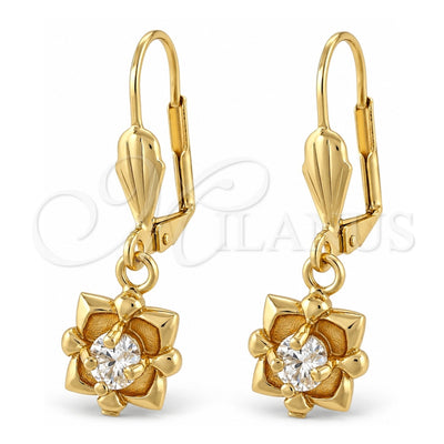Oro Laminado Dangle Earring, Gold Filled Style Flower Design, with White Cubic Zirconia, Polished, Golden Finish, 02.63.2452