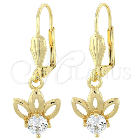 Oro Laminado Dangle Earring, Gold Filled Style Flower Design, with White Cubic Zirconia, Polished, Golden Finish, 02.63.2456