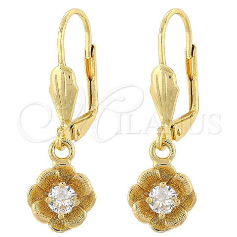 Oro Laminado Dangle Earring, Gold Filled Style Flower Design, with White Cubic Zirconia, Diamond Cutting Finish, Golden Finish, 02.63.2458