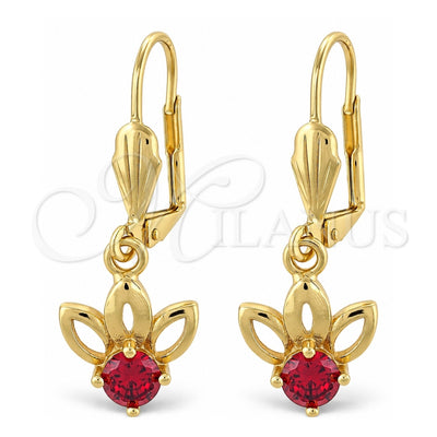 Oro Laminado Dangle Earring, Gold Filled Style Flower Design, with Garnet Cubic Zirconia, Polished, Golden Finish, 02.63.2456.1