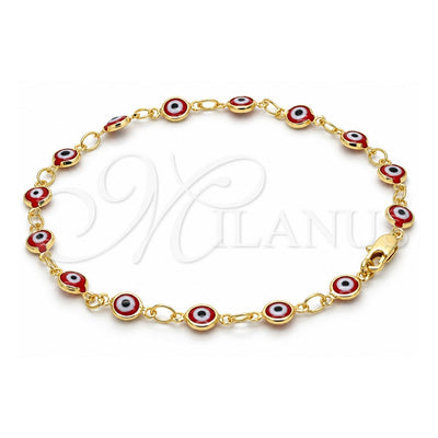 Oro Laminado Fancy Anklet, Gold Filled Style Evil Eye Design, Red Resin Finish, Golden Finish, 5.039.006.10 (07 MM Thickness, 10 Inches Length)