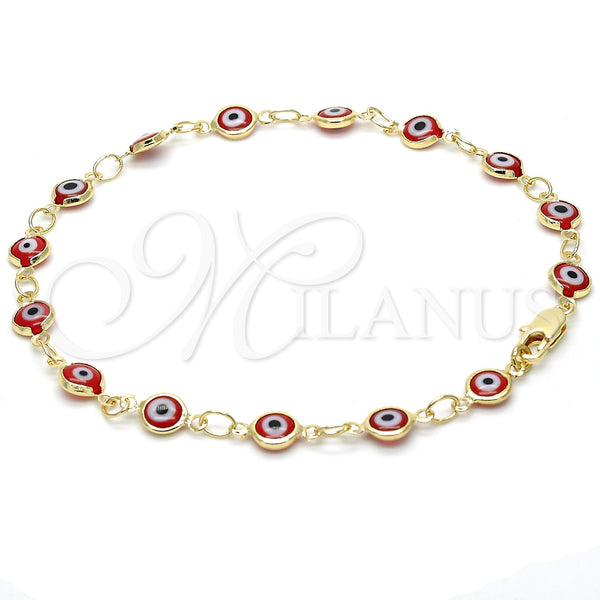 Oro Laminado Fancy Anklet, Gold Filled Style Evil Eye Design, Red Resin Finish, Golden Finish, 5.039.006.10 (07 MM Thickness, 10 Inches Length)