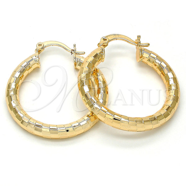 Gold Filled Hoop Earrings — Medium Hoop Hollow Design Diamond Cutting 5. — main product view — SKU 101257 | Oro Laminado aretes de aro — Medium Hoop Hollow diseño Diamond Cutting 5. — SKU 101257