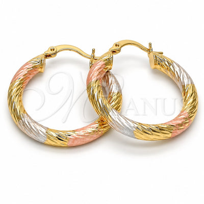 Oro Laminado Medium Hoop, Gold Filled Style Hollow Design, Diamond Cutting Finish, Tricolor, 5.138.003.1.30