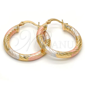 Gold Filled Hoop Earrings — Medium Hoop Hollow Design Diamond Cutting Tricolor 5. — main product view — SKU 101287 | Oro Laminado aretes de aro — Medium Hoop Hollow diseño Diamond Cutting Tricolor 5. — SKU 101287