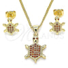 Oro Laminado Earring and Pendant Adult Set, Gold Filled Style Turtle Design, with Garnet Micro Pave, Polished, Golden Finish, 10.156.0019.1