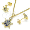 Oro Laminado Earring and Pendant Adult Set, Gold Filled Style Turtle Design, with Sapphire Blue and White Micro Pave, Polished, Golden Finish, 10.156.0019.2