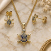 Oro Laminado Earring and Pendant Adult Set, Gold Filled Style Turtle Design, with Sapphire Blue and White Micro Pave, Polished, Golden Finish, 10.156.0019.2