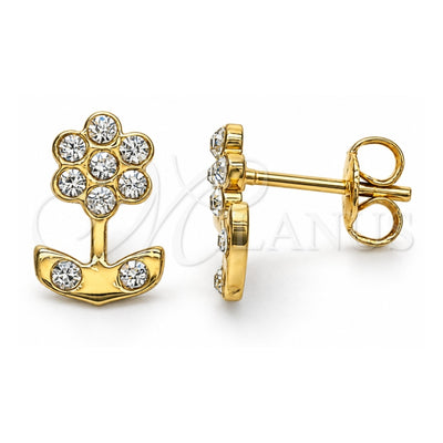 Oro Laminado Stud Earring, Gold Filled Style Flower Design, with White Crystal, Polished, Golden Finish, 02.59.0100