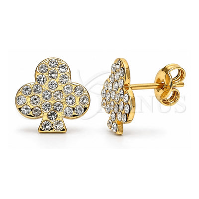 Oro Laminado Stud Earring, Gold Filled Style Flower Design, with White Crystal, Polished, Golden Finish, 02.59.0104