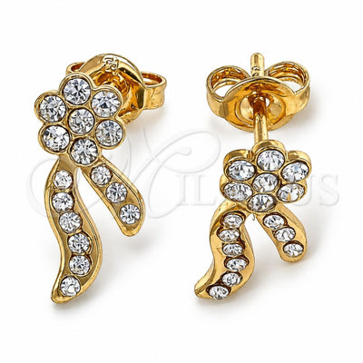 Oro Laminado Stud Earring, Gold Filled Style Flower Design, with White Crystal, Polished, Golden Finish, 02.59.0101