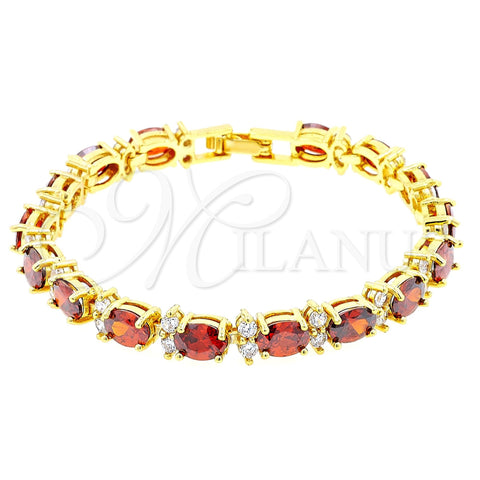 Oro Laminado Tennis Bracelet, Gold Filled Style Cluster Design, with Garnet and White Cubic Zirconia, Polished, Golden Finish, 03.206.0004.1.07 (06 MM Thickness, 7 Inches Length)