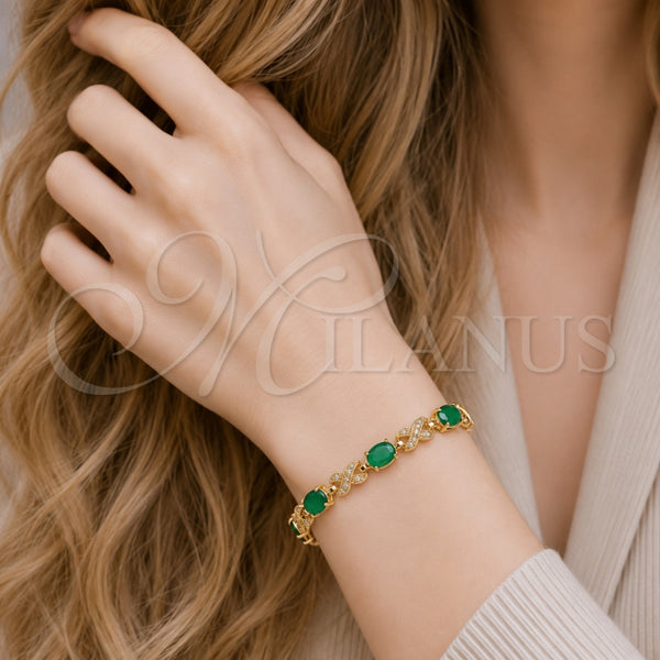 Gold Filled Bracelet — Tennis Bracelet Hugs and Kisses Design with Green — alternate product view — SKU 101364 | Oro Laminado brazalete — Tennis Bracelet Hugs and Kisses diseño with Green — SKU 101364