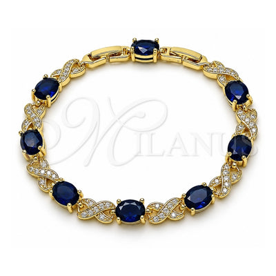 Oro Laminado Tennis Bracelet, Gold Filled Style Hugs and Kisses Design, with Sapphire Blue and White Cubic Zirconia, Polished, Golden Finish, 03.206.0001.1.07 (07 MM Thickness, 7 Inches Length)