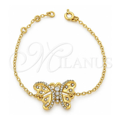 Oro Laminado Fancy Bracelet, Gold Filled Style Butterfly Design, with White Crystal, Polished, Golden Finish, 03.91.0044 (7 Inches Length)