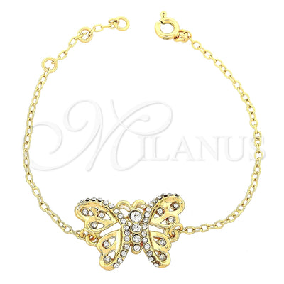 Oro Laminado Fancy Bracelet, Gold Filled Style Butterfly Design, with White Crystal, Polished, Golden Finish for wholesale, main product view