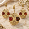 Oro Laminado Earring and Pendant Adult Set, Gold Filled Style with Brown Opal and White Crystal, Polished, Golden Finish, 10.91.0342.2