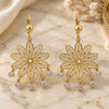Oro Laminado Chandelier Earring, Gold Filled Style Flower and Filigree Design, with White Crystal, Polished, Golden Finish, 02.211.0007