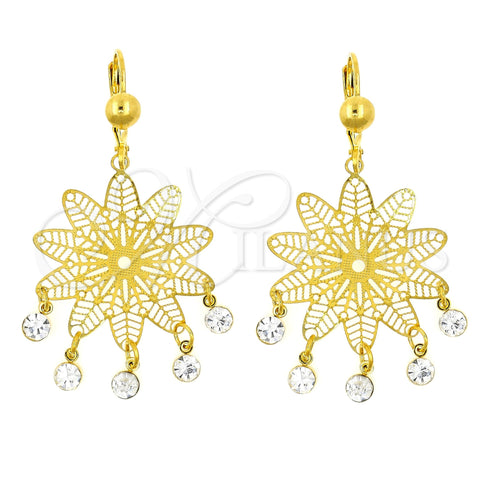 Oro Laminado Chandelier Earring, Gold Filled Style Flower and Filigree Design, with White Crystal, Polished, Golden Finish, 02.211.0007