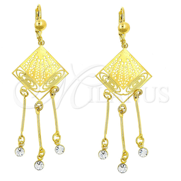 Oro Laminado Chandelier Earring, Gold Filled Style Filigree Design, with White Crystal, Polished, Golden Finish, 02.211.0012