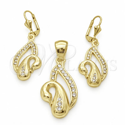 Oro Laminado Earring and Pendant Adult Set, Gold Filled Style Swan Design, with White Crystal, Polished, Golden for wholesale, main product view