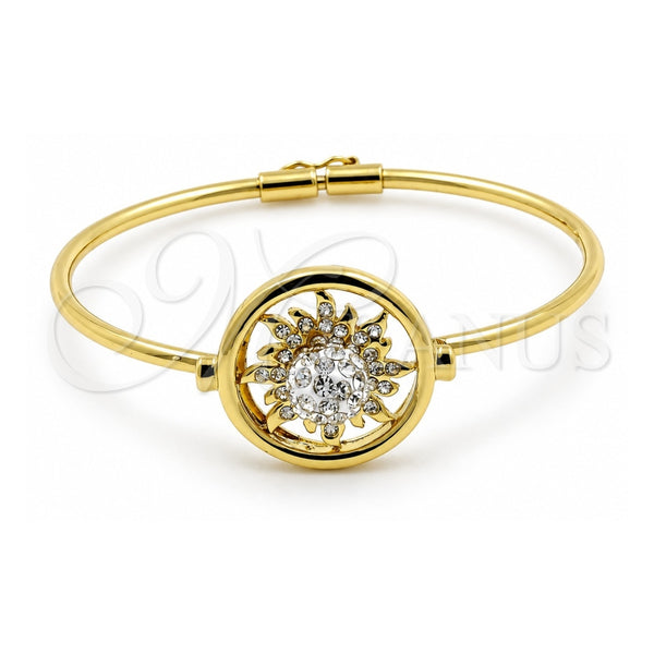 Oro Laminado Individual Bangle, Gold Filled Style Sun and Ball Design, with White Crystal, Polished, Golden Finish, 07.59.0047 (60 MM Thickness, Size 3 (2.00 Diameter))