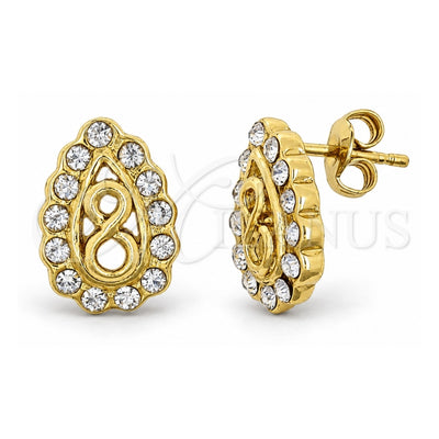Oro Laminado Stud Earring, Gold Filled Style Infinite and Teardrop Design, with White Crystal, Polished, Golden Finish, 02.59.0117